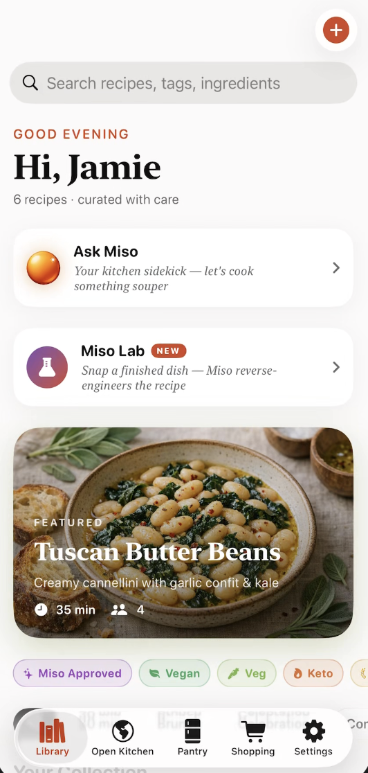 Miso Kitchen App - Recipe library showing Ask Miso, Miso Lab, and featured Tuscan Butter Beans recipe